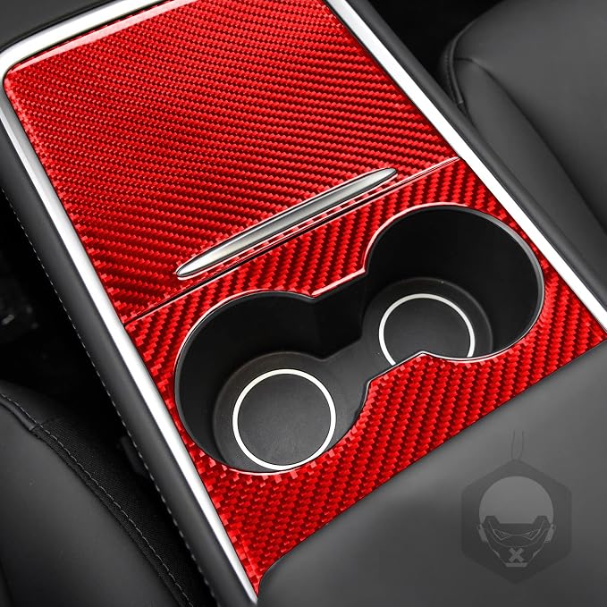 Red Real Carbon Fiber Trim for Tesla Accessories | for Model 3 2017-2022 / Model Y 2020-2024 Center Console Decoration Panel Sticker Interior Thick Overlay Decal - A