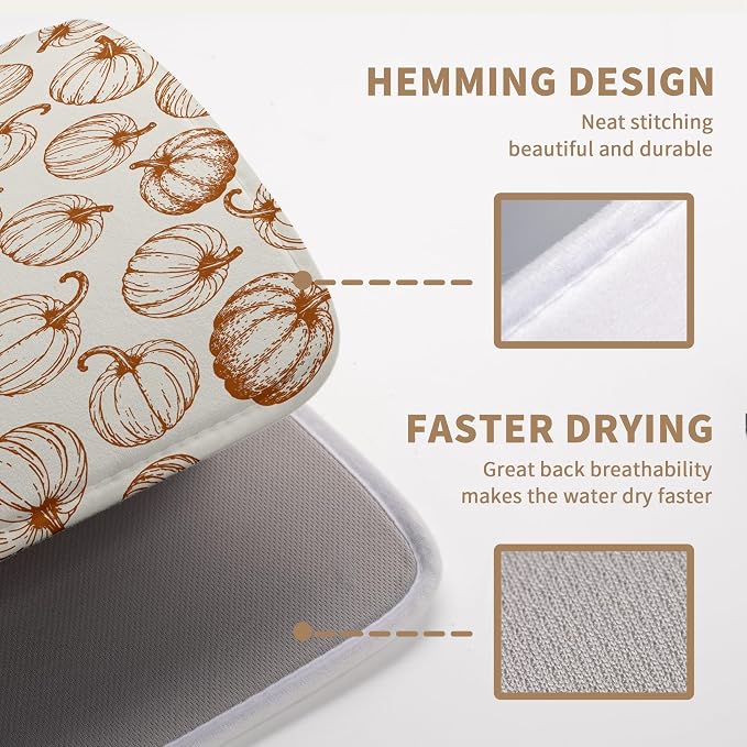 Hello Fall Dish Drying Mats Thanksgiving Pumpkin Dish Mat Autumn Drying Matt Dishes Dryer Pad for Kitchen Counter Absorbent Microfiber Washable Foldable Reusable 18x24 in