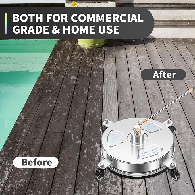 LidoDola 14'' Pressure Washer Surface Cleaner, Power Washer Accessory | Stainless Steel Housing with 4 Wheels, 1/4" QC, 2 Extension Wands & 2 Replacement Nozzles, for Gas & Electric Pressure Washer