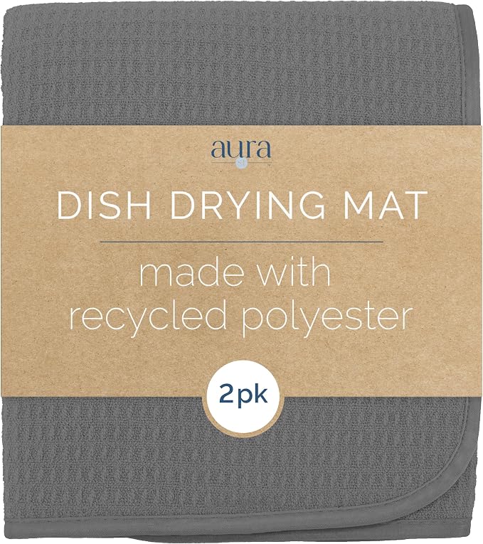 S&T INC. AURA Dish Drying Mat XL 2 Pack, 18” x 24”, Made from Recycled Materials, Absorbent Microfiber Kitchen Counter Mat, Dish Drying Pad for Dishes, Utensils, Pots & Pans, Extra Large, Charcoal