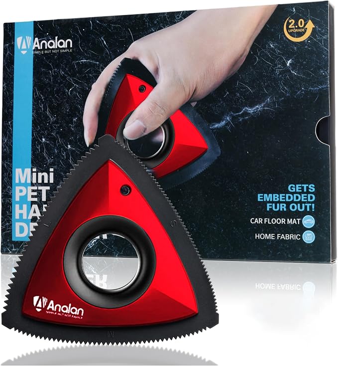 Analan Mini Pet Hair Remover for Car Detailing Dog Hair Tool Brush(Red) | Deep Cleaning, Reusable Rubber, Gentle on Fabrics, Triangle Design For Car Interiors, Couch, Rugs, Carpet, Mats & Furniture