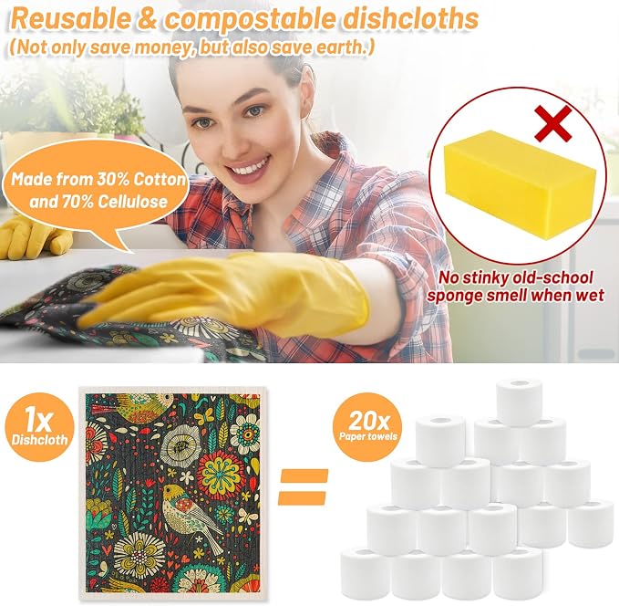 Lucomb 8 Pack Swedish Dishcloths for Kitchen, Reusable Soft Kitchen Towels Dish Cloths Set Absorbent Sponge Cleaning Washable Quick Drying Bar Hand Washing (Birds Flowers)