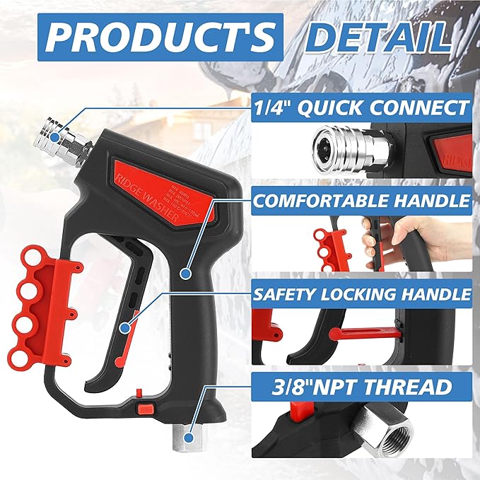 RIDGE WASHER Pressure Washer Gun 5000 PSI with Nozzle Bracket | 12 GPM, Tigger Gun with 1/4" Quick Connector, 360° Swivel 3/8" NPT Thread, M22-14mm & M22-15mm Fitting