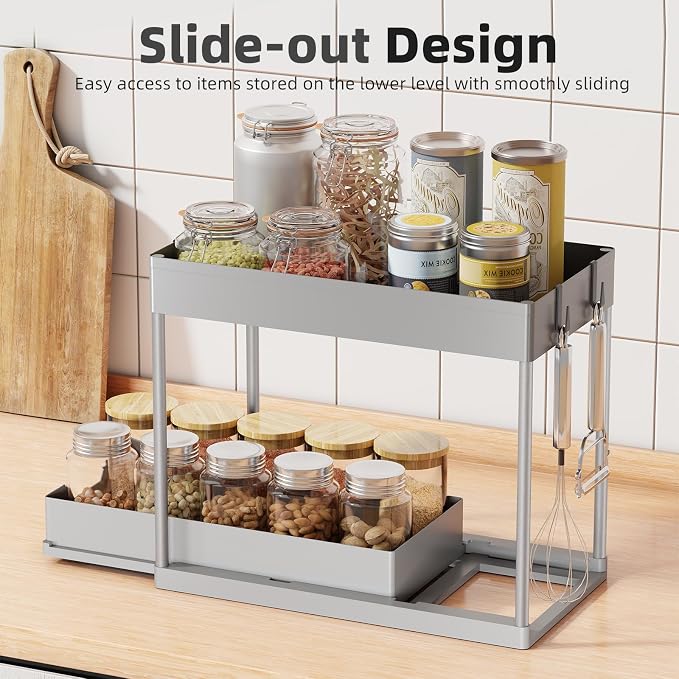 Simple Trending Under Sink Organizer 2 Pack, Sink Pull-Out Sliding Storage Cabinet, 2-Tier Under Shelf Organizer for Kitchen Bathroom, Grey