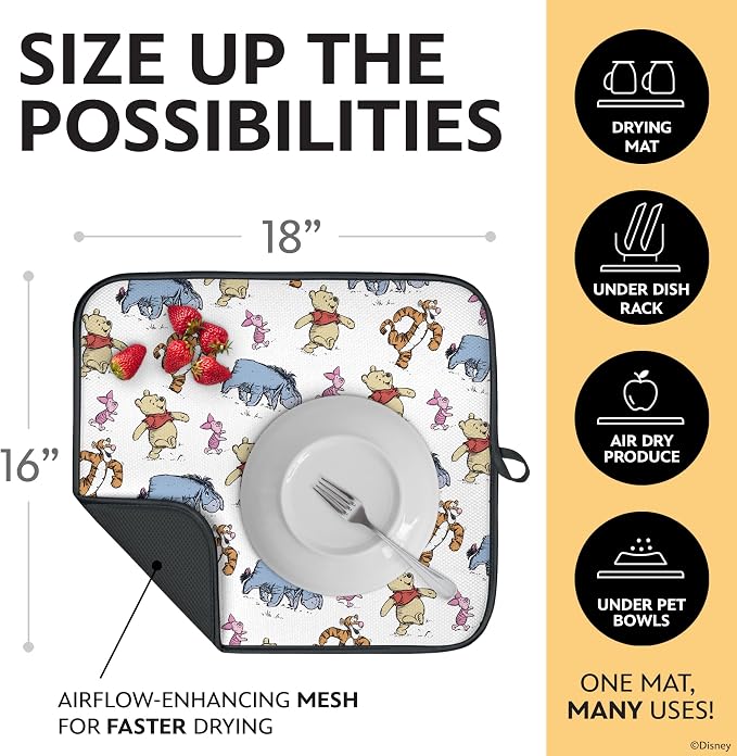 Disney Dish Drying Mats for Kitchen Counter (2 Pack) – 16" x 18" Absorbent Kitchen Drying Mats for Dishes – Mickey & Minnie, Winnie the Pooh, & Stitch Dish Mats