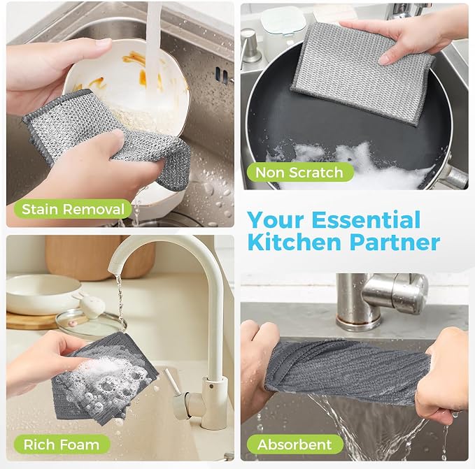 AIDEA Non Scratch Wire Dishcloth 24PK, Upgraded Wire Dishwashing Rag for Kitchen, Dual Sided, Dish Cloths for Washing Dishes, Cleaning Pads Steel Scrubber for Cookware, Sinks, Stove Tops, 7"×8" Grey