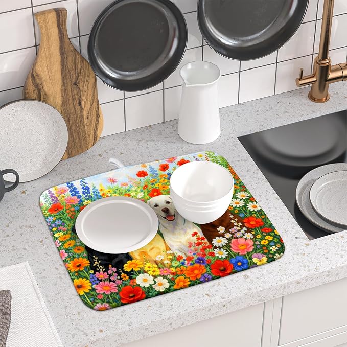 Flower Dog Dish Drying Mat Spring Floral Microfiber Absorbent Dish Drying Pad for Kitchen Counter
