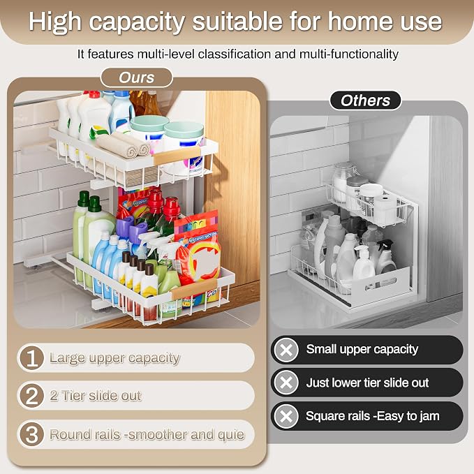 ADBIU Under Sink Organizer 2 Pack, Adjustable Height (11"-15.75") Under Cabinet Storage, 2 Tier Pull Out Sliding Drawers for Kitchen Bathroom, Heavy Duty Metal Shelf, White