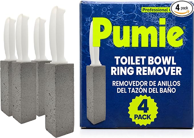 PUMIE Pumice Stone Toilet Bowl Cleaner (4-Pack) - Toilet Pumice Stone with Handle - Heavy Duty Scouring Stick for Rings, Bowls, Hard Water Stains, Lime, Rust, Sink - Includes Handle for Easy Use