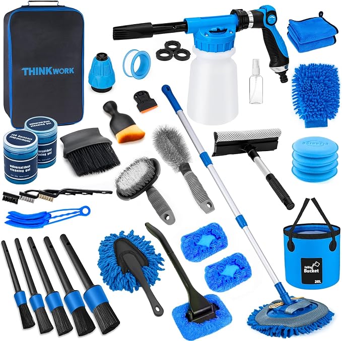 THINKWORK Car Wash Kit with Foam Gun, Extendable Mop & Collapsible Bucket | Adjustable Spray, Complete Car Detailing Kit, Soft Microfiber, Scratch-Free Paint Protection, Car & Home Use, Great Gift