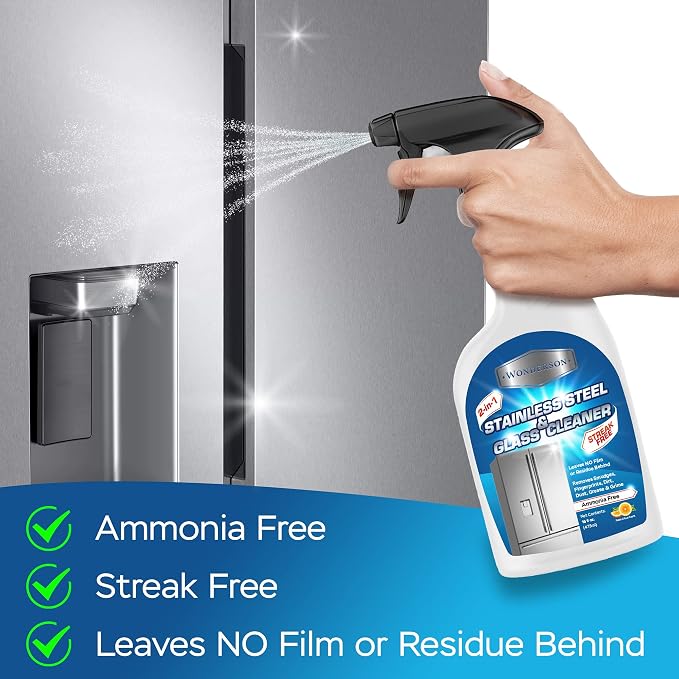 Wonderson 2-In-1 Stainless Steel & Glass Cleaner 16 Ounces - For Use On Appliances, Countertops, Sinks, Stovetops, Dishwashers, Windows, Bathrooms, Cars, & More! (2 Pack)