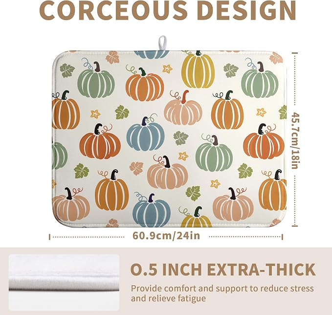 Fall Pumpkin Dish Drying Mats Thanksgiving Dish Mat Autumn Maple Leaves Drying Matt Dishes Dryer Pad for Kitchen Counter Absorbent Microfiber Washable Foldable Reusable 18x24 in