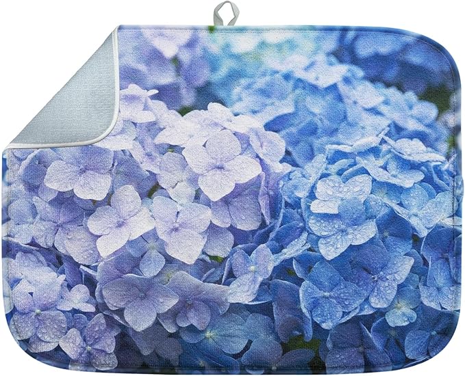 Sanwarm Absorbent Dish Drying Mat, Blue Purple Hydrangea Flower Microfiber Pad for Kitchen Counter, Coffee Bar Decor, Heat Resistant and Reversible, 18" x 24"