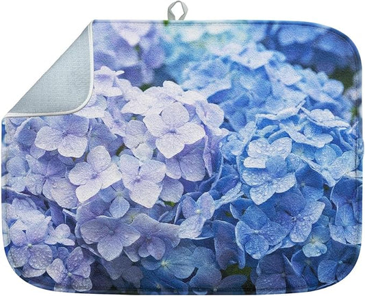 Sanwarm Absorbent Dish Drying Mat, Blue Purple Hydrangea Flower Microfiber Pad for Kitchen Counter, Coffee Bar Decor, Heat Resistant and Reversible, 18" x 24"