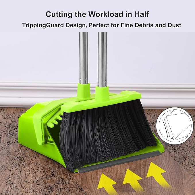 Broom and Dustpan Set for Home, 51" Long Handle Standing Pan Light Green | Self-Cleaning Dust Pan and Brooms, ZeroGap Lip, Upright Storage Broom Combo for Kitchen Lobby Office Restaurant Indoor