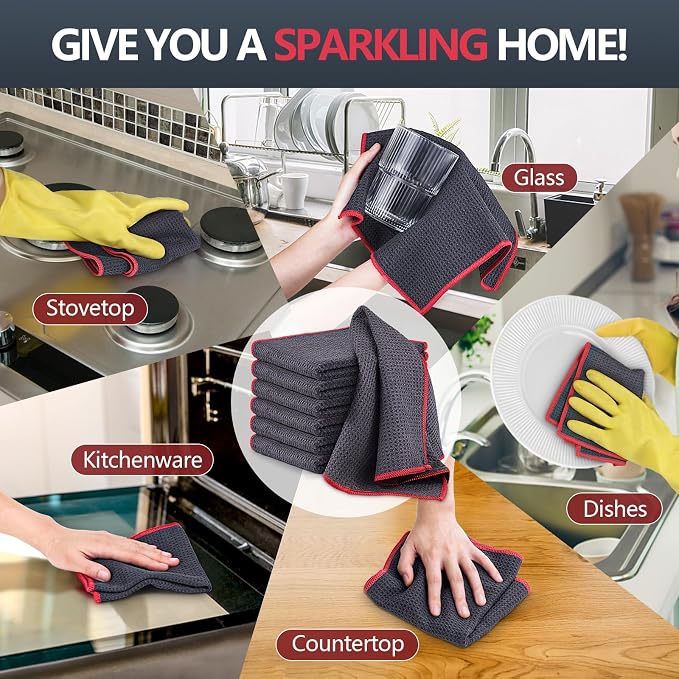Airlab Glass Polishing Streak Free Miracle Cleaning Cloth, Grey-Red | Lint Free Microfiber Cleaning Rags for Glasses Kitchen Dish Mirrors Easy Clean, 12 x 12 Inches, Pack of 6