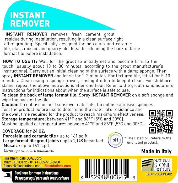 FILA Surface Care Solutions, INSTANT REMOVER, Spray for Grout Haze Clean Up Simultaneously with Installation, Tile and Grout Cleaner, Fast and Effective on Cement Grout, Ready to Use, 24oz