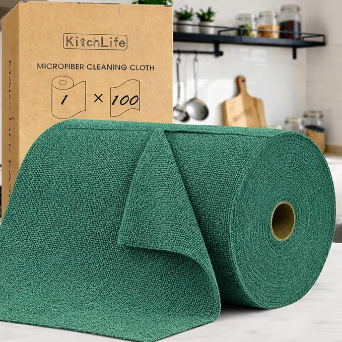 KitchLife Microfiber Cleaning Cloth Roll, 100 Pack - Tear-Away Microfiber Paper Towels, Lint-Free, Reusable, Washable for Kitchen, Car, Dishes, and Sensitive Surfaces (Forest Green)