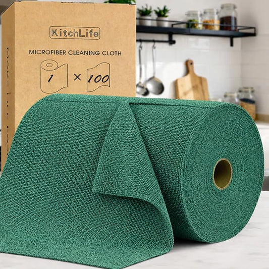 KitchLife Microfiber Cleaning Cloth Roll, 100 Pack - Tear-Away Microfiber Paper Towels, Lint-Free, Reusable, Washable for Kitchen, Car, Dishes, and Sensitive Surfaces (Forest Green)