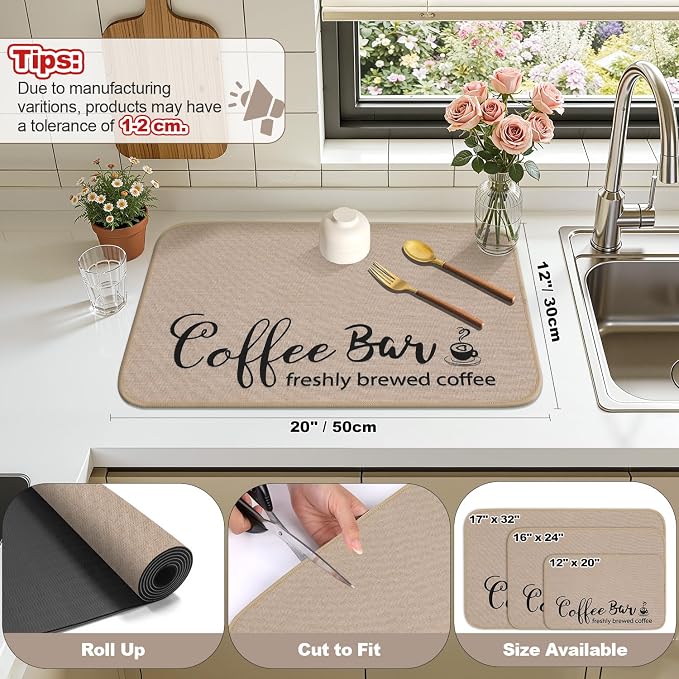 Findosom Dish Drying Mat, 12"x 20" Super Absorbent & Hide Stain Coffee Mat, Cuttable Drying Mat for Kitchen Counter, Coffee Bar Accessories, Under Dish Rack, Coffee Maker, Espresso Machine, Linen