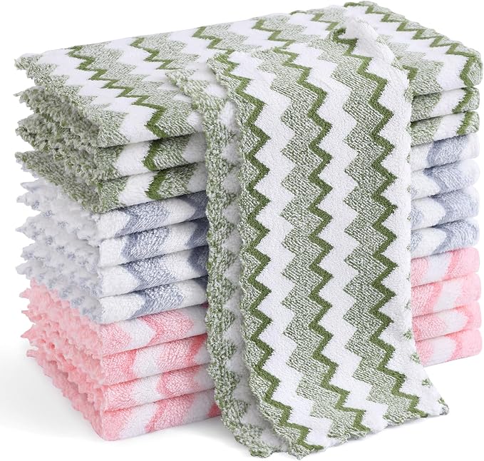 Homaxy 12 Pack Kitchen Dish Cloths, Ultra Soft and Absorbent Dish Towels, Reusable Fast Drying Microfiber Cleaning Cloth, Double Waves Coral Velvet No-lint, 10 x 10 inches, Blue/Green/Pink