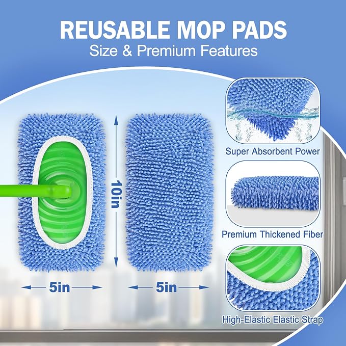 8 Pack Reusable Mop Pads Compatible with Swiffer Sweeper, Dry Sweeping Cloths & Wet Mopping Cloths - Microfiber Mop Pads for Hardwood Floors, Floor Cleaning, Wood Floors (Blue)