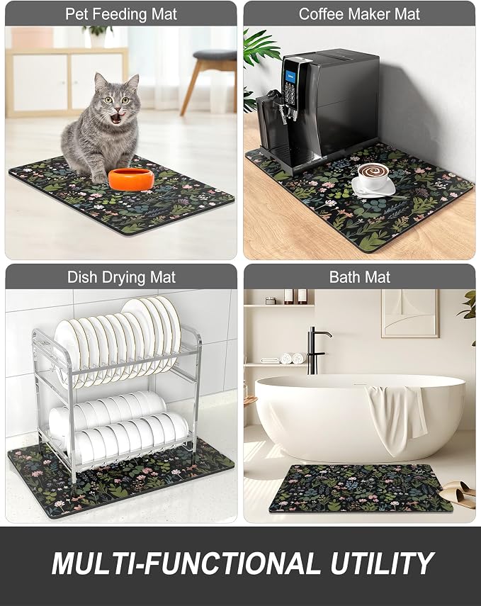 Rnivvi Dish Drying Mat for Kitchen Counter, XL 15 x 24" Cute Flower Theme Super Absorbent Drainer Pad, Non-Slip Heat Resistant Coffee Bar Mat for Coffee Machine Station Accessories,Black Dish Rack Pad
