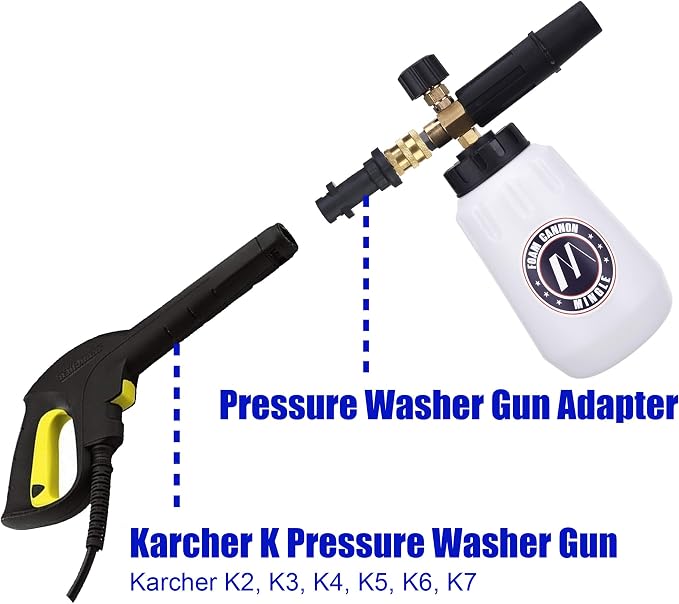 M MINGLE Foam Cannon, Compatible with Karcher K2-K7, 5 Nozzle Tips | 1L Adjustable Thick Foam Bottle, with 1/4'' QC Adapter, 1000-3000 PSI, Suits Cars, Motorcycles, Driveways and Windows