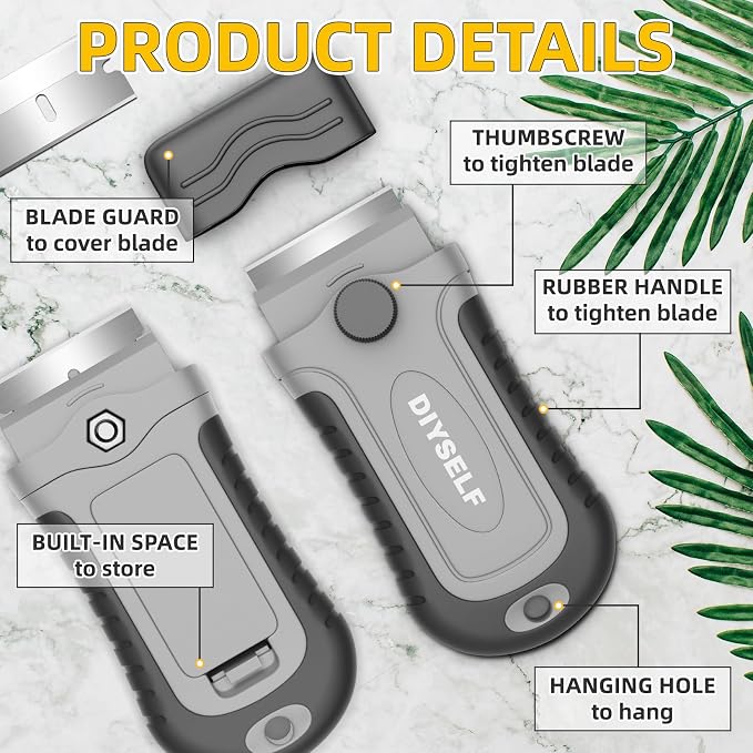 DIYSELF Razor Blade Scraper Tool with 15 Extra Razor Blades, Paint Scraper | Razor Scraper Tool for Glass, Windows, Cooktops, Oven Doors and Tile, Stove Top Cleaner with Built-In Blade Storage