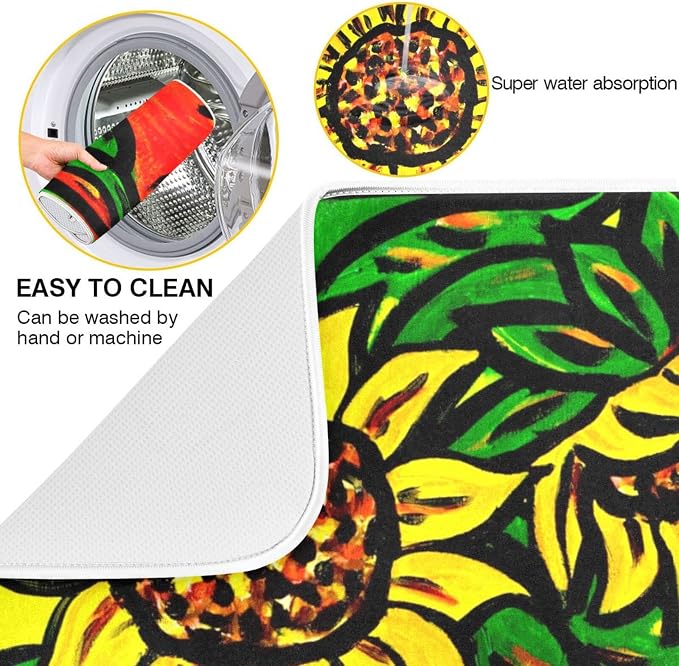 Absorbent Dish Drying Mat for Kitchen Counter - Sunflower Yellow Cute Microfiber Drying Pad, Reversible Drainer Mats for Countertop, Large 18" x 24"