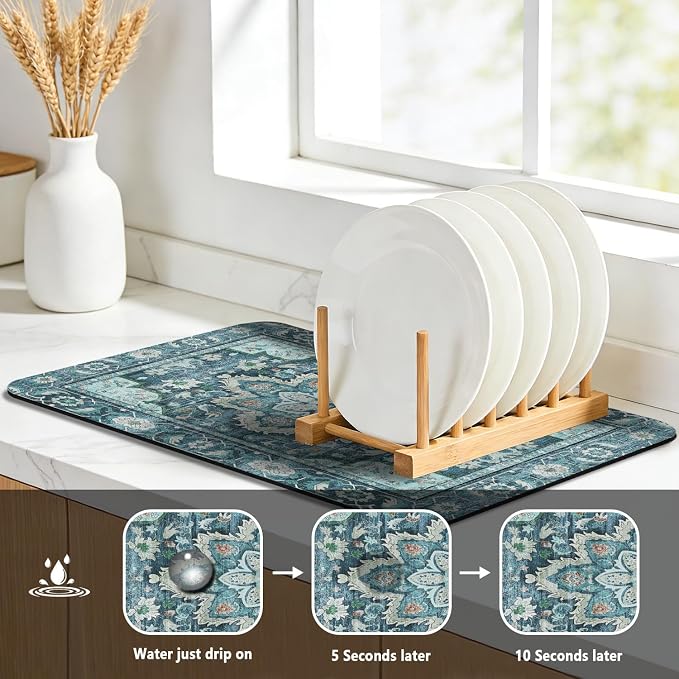 Dish Drying Mat, Vintage Rustic Boho Kitchen Dishes Absorbent Pad, 18x24in | Eco-friendly diatomite with non-slip rubber backing. Super absorbent mat for kitchen counters, coffee bars & sinks