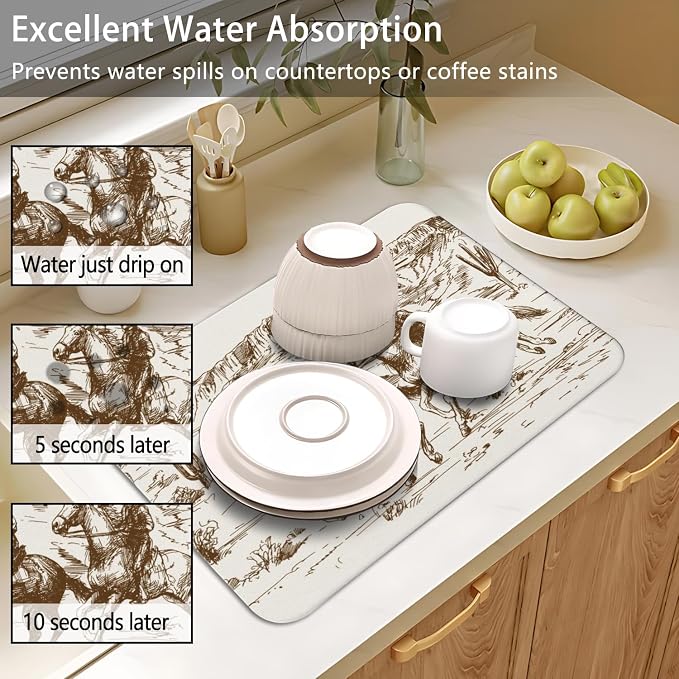 Dish Drying Mat 2-Pack in Western Cowboy for Kitchen Counter Dishes Mat | Diatom Mud Mats (18x24, 19.5x12"). Non-slip rubber back for kitchen counter, coffee bar & sink scenes