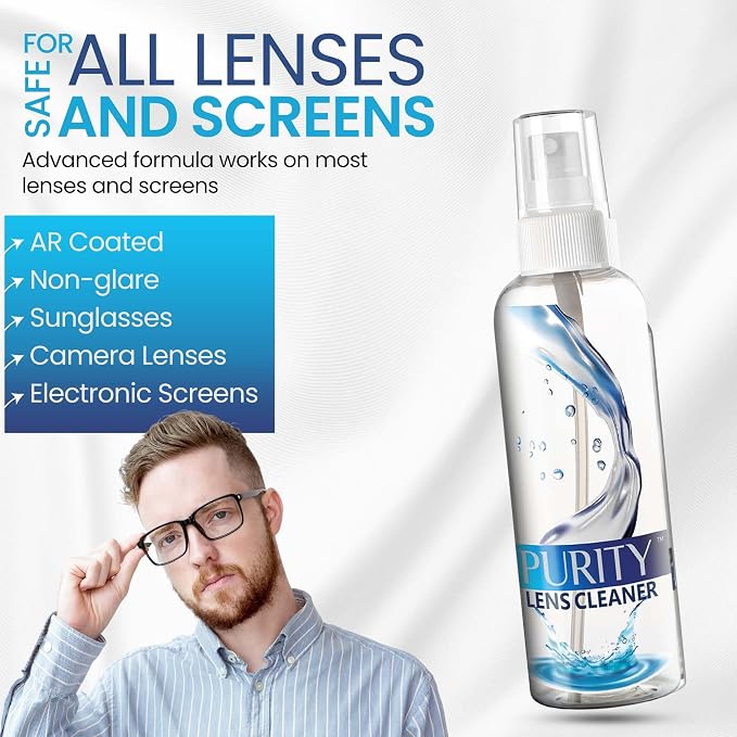Purity Eyeglass Lens Cleaner Kit - 2 x 8oz and 1 x 2oz Lens Cleaner Spray Bottle + 2 Microfiber Cleaning Cloths - Safe for All Lenses (AR Coated Included), Eyeglasses and Screens - Clear