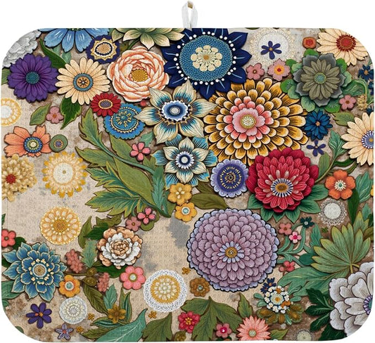Dish Drying Mat for Kitchen Counter 16x18 Inch, Super Absorbent Dish Drainer Mat, Decorative Microfiber Dishes Drying Pad-Small(Luxurious flowers)