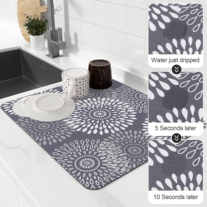 LuxStep Dish Drying Mat Super Absorbent Kitchen Counter Mat Rubber Backing Draining Mat Easy to Clean Kitchen Accessories Dish Rack Pad for Dishes, Utensils, Countertops, Sinks 15" x 18" Grey