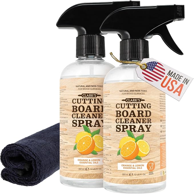 CLARK'S Natural Cutting Board Spray Cleaner with Microfiber Cloth,12oz (Pack of 2) - for Wood Countertop - Filtered Water, Distilled Vinegar, Castile Soap, Lemon & Orange Citrus Oil Extracts