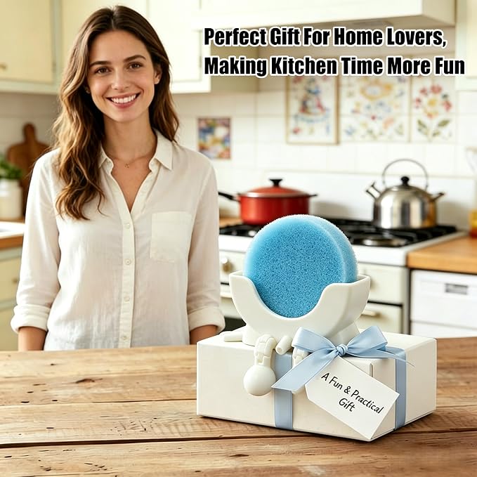 Cute Hanging Sponge Holder with Drainage,3D Printed Kitchen Funny Sponge Stand for Sink,with non-slip pads,Suitable for Scrub Daddy Holder,Keeps Your Sponge Dry Smiling (White)