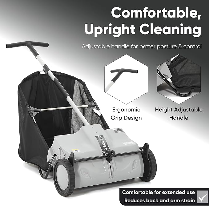 Dapper Supply 22-Inch Push Lawn Sweeper, Grass, Lawn and Leaf Cleanup Collector with Large 3.5 cu. ft. Hopper Bag, Durable Wheels, and Dual Spinning Brushes, Grey