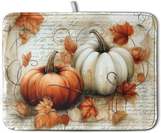 Fall Dish Drying Mat for Kitchen Counter Autumn Thanksgiving Orange White Pumpkin Drying Mats Vintage Maple Leaves Holiday Dish Draining Mat Microfiber Absorbent Dish Rack Pad 18x24 Inch