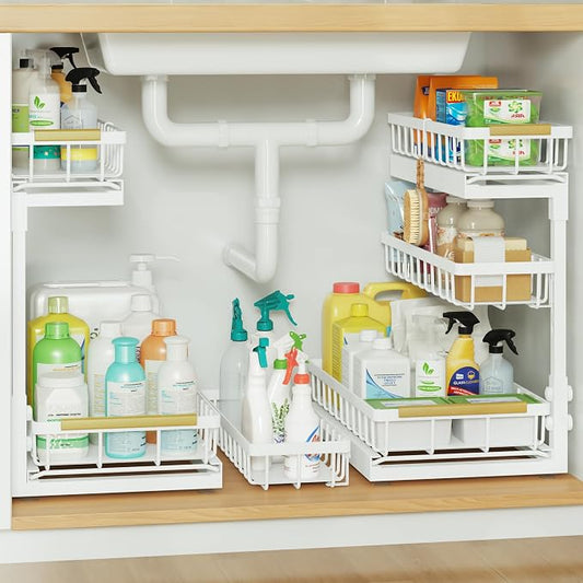 Under Sink Organizer and Storage for Bathroom and Kitchen - 2 Pack 3 Tier Under Cabinet Pull Out Shelf Organizers - Slide Out Drawer Organization for Home Cabinets Shelves and Drawers