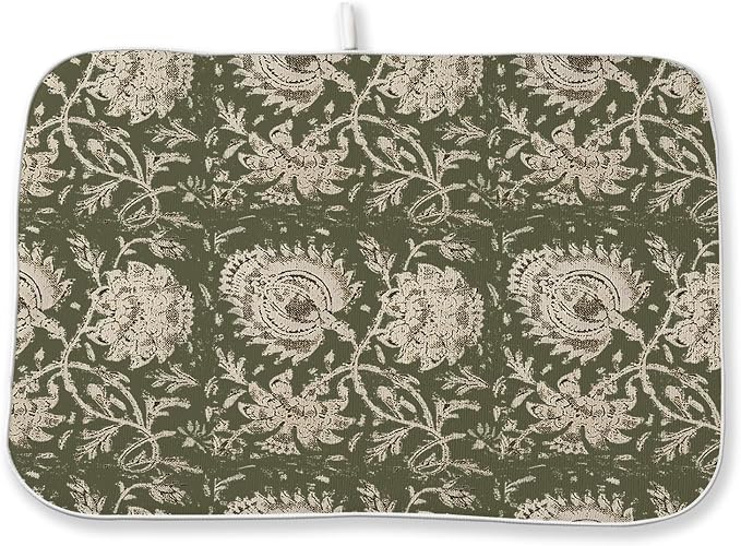 Green Dish Drying Mat 18 x 24 Inch Vintage Olive Green Floral Drying Mat for Kitchen Counter Absorbent Neutral Modern Boho Block Print Floral Dishes Dry Pad for Drainer Rack Kitchen Fast Dry