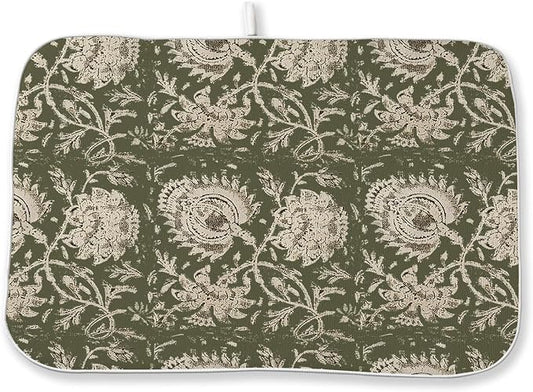 Green Dish Drying Mat 18 x 24 Inch Vintage Olive Green Floral Drying Mat for Kitchen Counter Absorbent Neutral Modern Boho Block Print Floral Dishes Dry Pad for Drainer Rack Kitchen Fast Dry