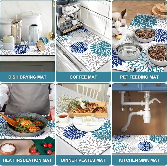 Findosom 2PCS 16" x 24" Dish Drying Mat & 24" x 5.5" Sink Splash Guard, Super Absorbent & Cuttable Dish Mat Drying Kitchen Mat with Blue Floral, Hide Stain Drying Mat for Kitchen Counter