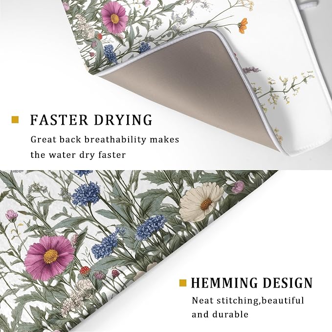 Giwawa Flower Herbs Dish Drying Mat Botanical Plant Dishes Drainer Mat 18x24 inch Reversible Microfiber Drying Dish Pad for Kitchen Counter Decor