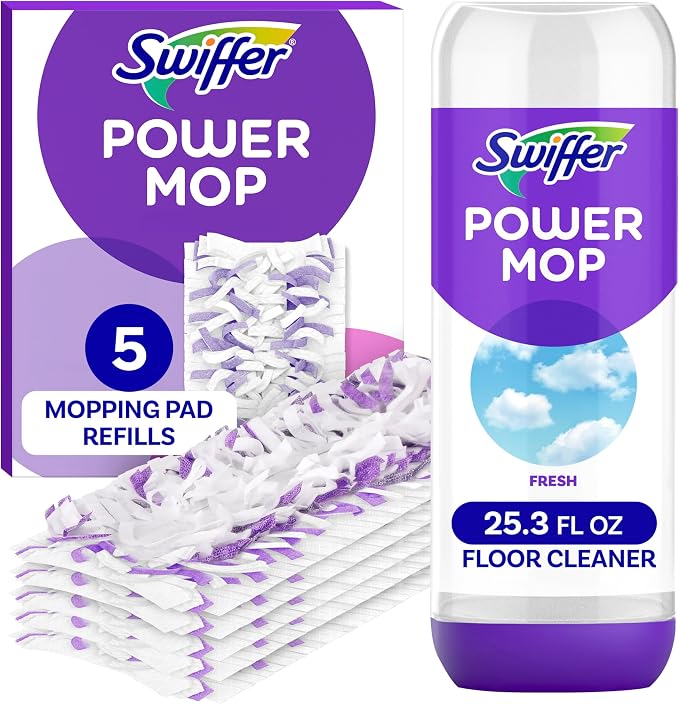 Swiffer Power Mop Refill Pack, Floor Cleaner for Mopping Tile, Vinyl, Laminate, Wood in Home, Bathroom, Kitchen, All Purpose Multi-Surface Cleaning, 5 Pads + 1 Lavender Solution, Pack of 4