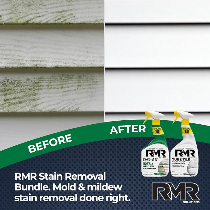 RMR Complete Mold & Mildew Stain Eraser System – No-Scrub Tub & Tile Cleaner + Instant Mold & Mildew Stain Remover Spray, Indoor/Outdoor Bathroom, Shower, Siding, & Deck Cleaning Kit, 2–32 Oz Bottles