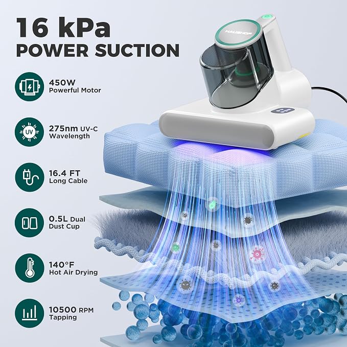 HAUSHOF Mattress Vacuum Cleaner, 16 Kpa Bed Vacuum Cleaner | 275nm UV-C Light, 140°F Heat, Ultrasonic, HEPA Filter, Dual Dust Cups, Versatile Handheld Vacuums for Bed, Sofa, Couch