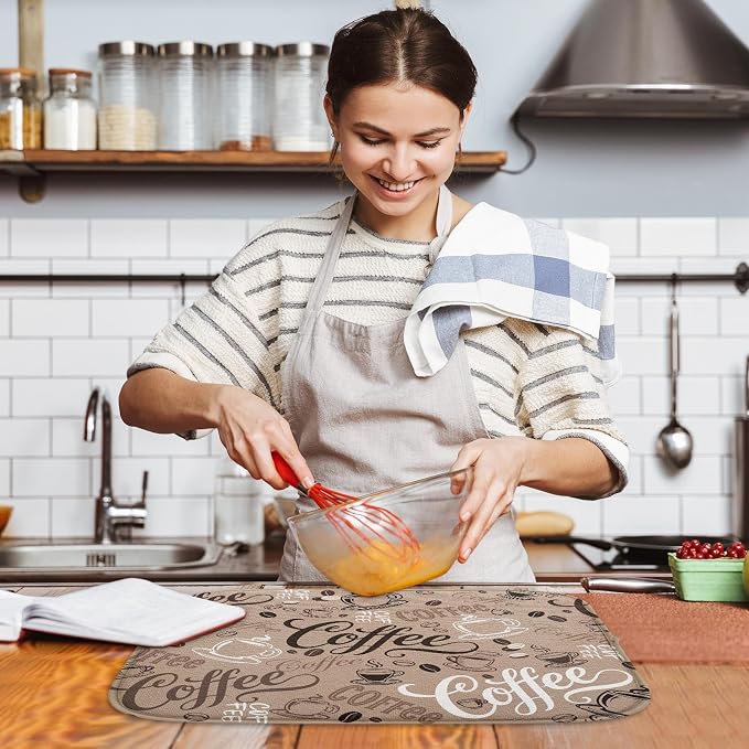 Sanwarm Absorbent Dish Drying Mat, First Coffee Cute Doodle Chalkboard Microfiber Pad for Kitchen Counter, Coffee Bar Decor, Heat Resistant and Reversible, 16" x 18"