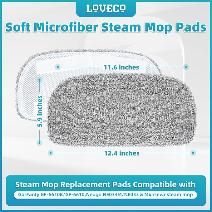 LOVECO 4 Pack Steam Mop Pads Compatible with GorFanty GF-6610B/GF-6610, Neugo NE033/NE033M & Mxnsewr, Washable Microfiber Steam Mop Replacement Pads for Multi-Surface Cleaning