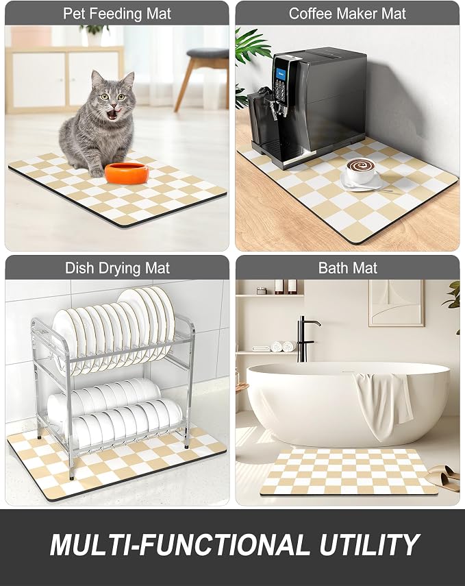 Rnivvi Dish Drying Mat for Kitchen Counter, XL 15 x 24" Cute Checkered Absorbent Draining Pad, Non-Slip Heat Resistant Coffee Bar Mat for Coffee Machine Station Accessories, Beige White Dish Rack Pad